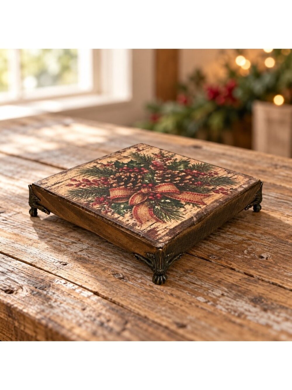 Handmade Christmas Vintage-Style Wooden Riser With Pinecone & Burlap Bow Design